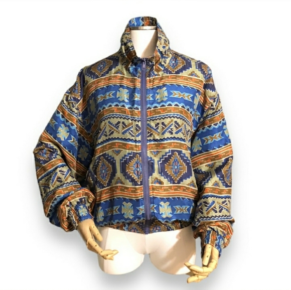 BOGARI Native Tribal Print Silk Bomber Jacket VINTAGE - Picture 5 of 11